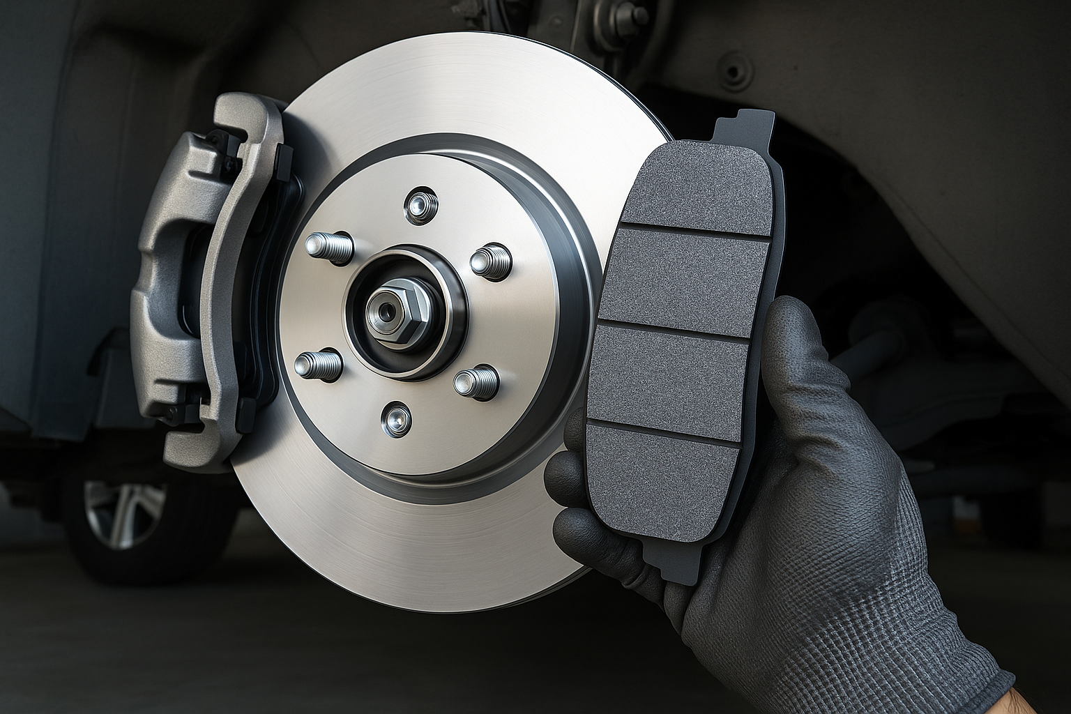 Certified technician performing mobile brake repair and pad replacement on a vehicle